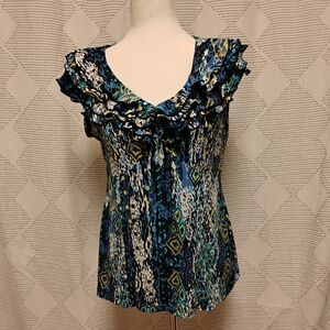 Susan Lawrence Women's Blue Patterned Ruffle Top V neck Blouse Size Medium